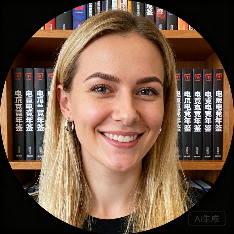 Anna Kowalski圆形头像，一位金色长发的波兰裔女性电竞媒体人，佩戴简约银色耳环，笑容温暖而知性，背景为书架陈列着历年电竞年鉴书籍。